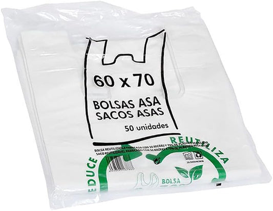 50u Bolsas De Plástico Reciclado, Resistentes, Reutilizables de Galga 200, Cumple Normativas, Aptas Uso Alimentario (60x70cm)