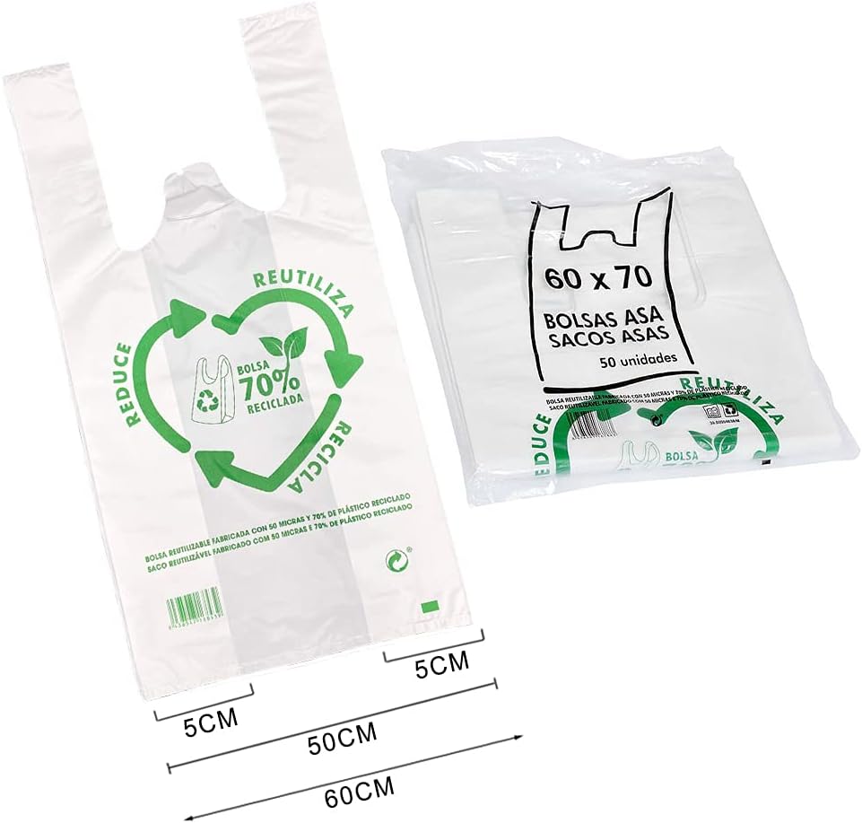 50u Bolsas De Plástico Reciclado, Resistentes, Reutilizables de Galga 200, Cumple Normativas, Aptas Uso Alimentario (60x70cm)