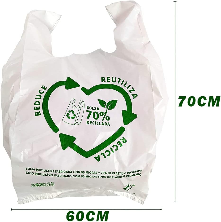 50u Bolsas De Plástico Reciclado, Resistentes, Reutilizables de Galga 200, Cumple Normativas, Aptas Uso Alimentario (60x70cm)