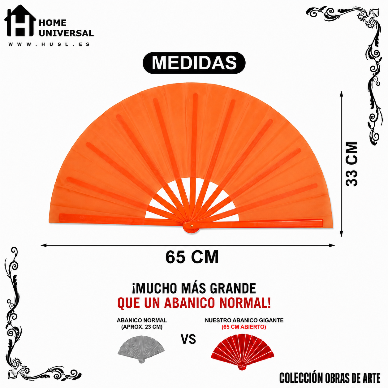 Home Universal® Abanico XXL 33 cm Grande de Plástico con Caja – Plegable, Ligero y Resistente – Efecto Fluorescente Brillante – Ideal para Verano, Fiesta, Discoteca, Pride y Eventos - Naranja (Liso)