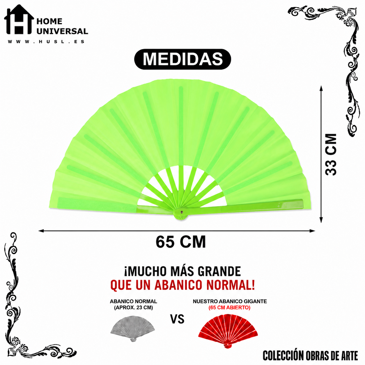 Home Universal® Abanico XXL 33 cm Grande de Plástico con Caja – Plegable, Ligero y Resistente – Efecto Fluorescente Brillante – Ideal para Verano, Fiesta, Discoteca, Pride y Eventos - Verde (Liso)