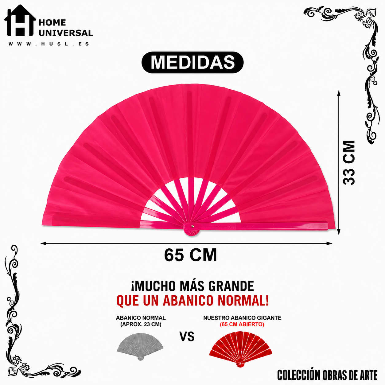 Home Universal® Abanico XXL 33 cm Grande de Plástico con Caja – Plegable, Ligero y Resistente – Efecto Fluorescente Brillante – Ideal para Verano, Fiesta, Discoteca, Pride y Eventos - Fucsia (Liso)