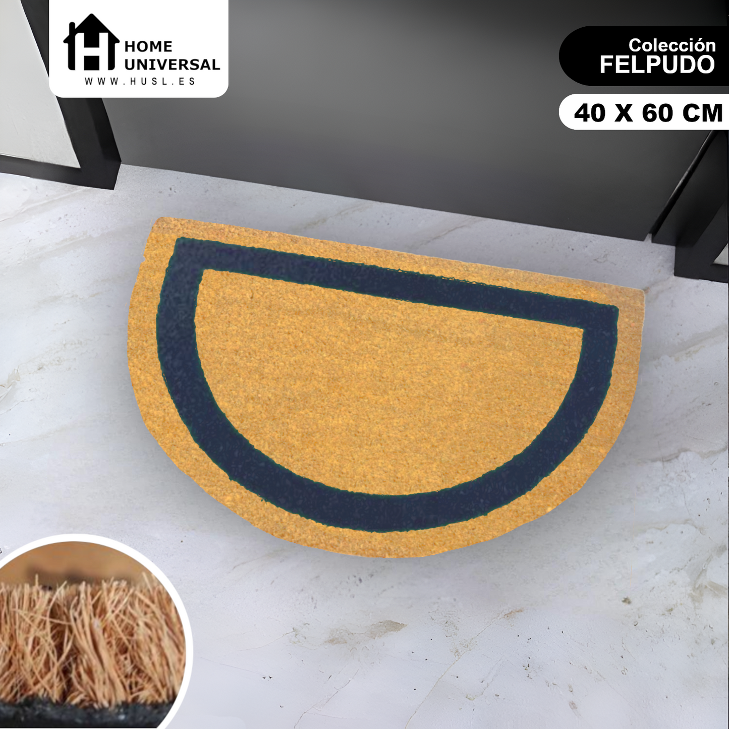 Home Universal ® Felpudos 60x40CM Fibra de Coco | Base Antideslizante de Caucho | Apto para el Exterior (Medio circulo) Azul