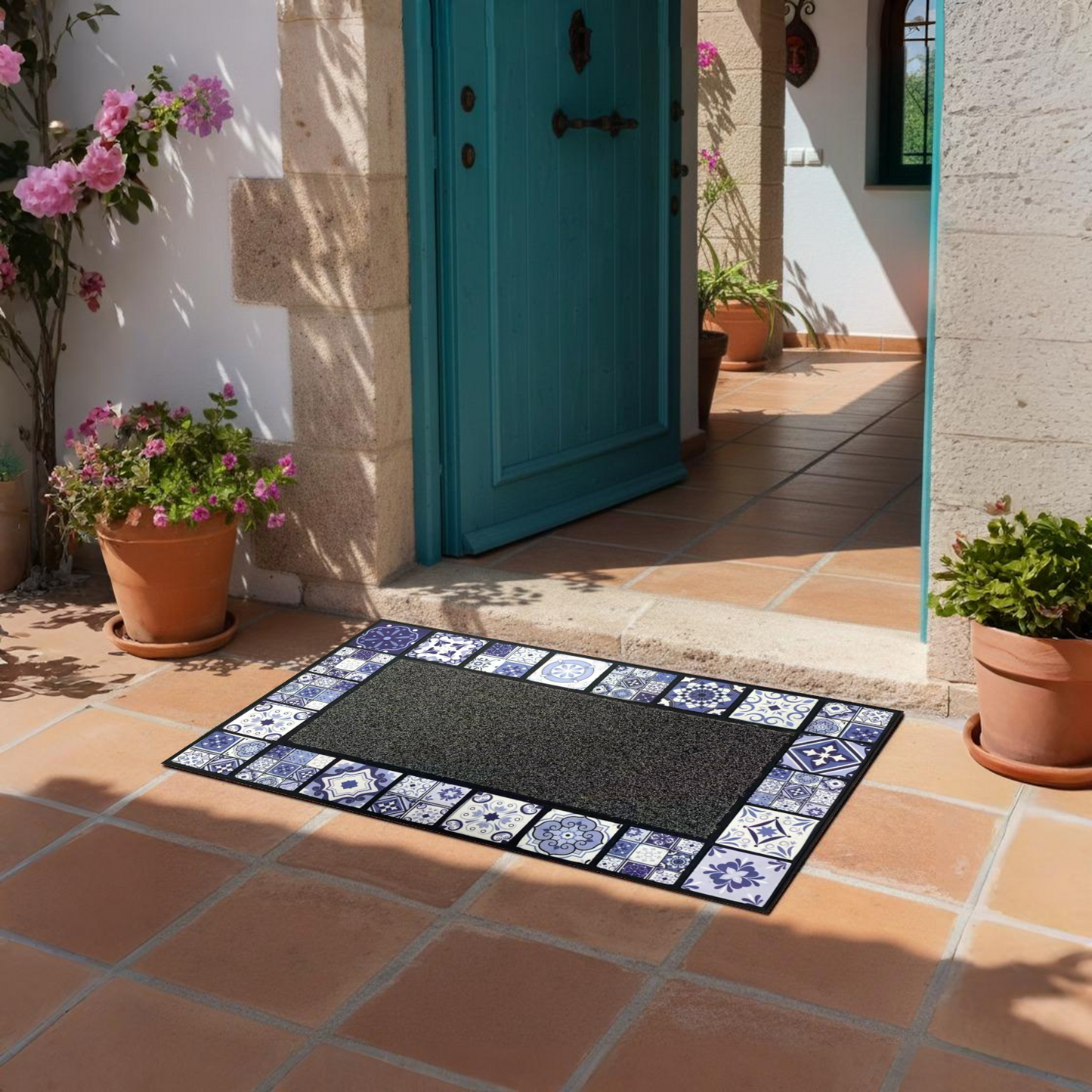 Home Universal® Felpudo de Goma Antideslizante para Exterior y interior – Resistente a Lluvia y Barro, Limpia Zapatos, Alta Durabilidad – Varias Medidas, 45X75CM, Azul (Estilo Baldosas Vintage)