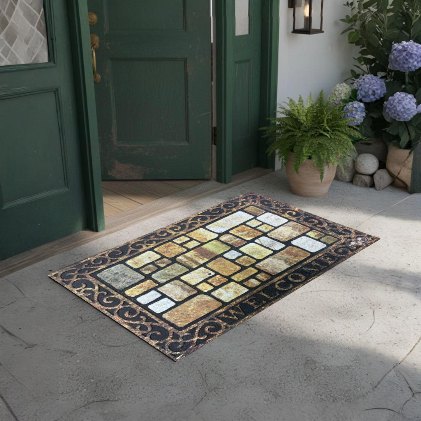 Home Universal® Felpudo de Goma Antideslizante para Exterior y interior – Resistente a Lluvia y Barro, Limpia Zapatos, Alta Durabilidad – Varias Medidas, 40X60CM, WELCOME (Mosaico Rústico con Marco)