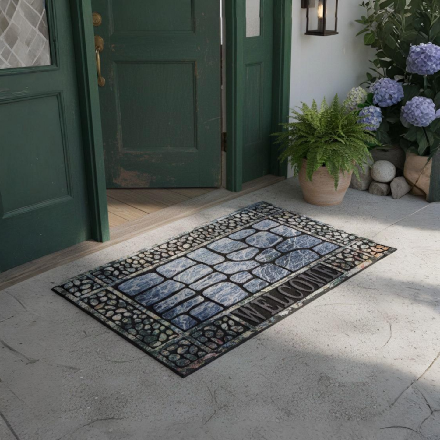 Home Universal® Felpudo de Goma Antideslizante para Exterior y interior – Resistente a Lluvia y Barro, Limpia Zapatos, Alta Durabilidad – Varias Medidas, 40X60CM, WELCOME (Lajas Grises con Marco)