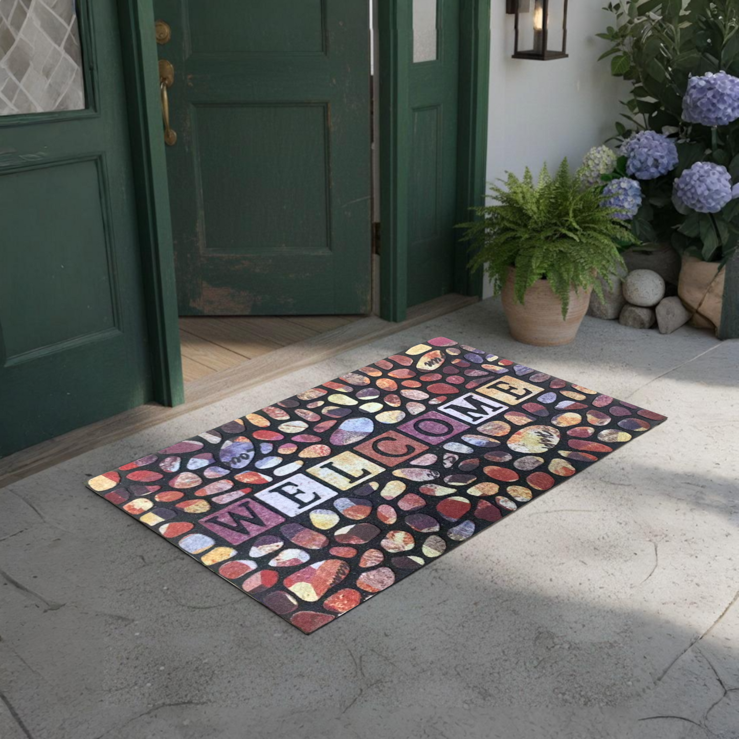 Home Universal® Felpudo de Goma Antideslizante para Exterior y interior – Resistente a Lluvia y Barro, Limpia Zapatos, Alta Durabilidad – Varias Medidas, 40X60CM, WELCOME (Piedra Colorida)