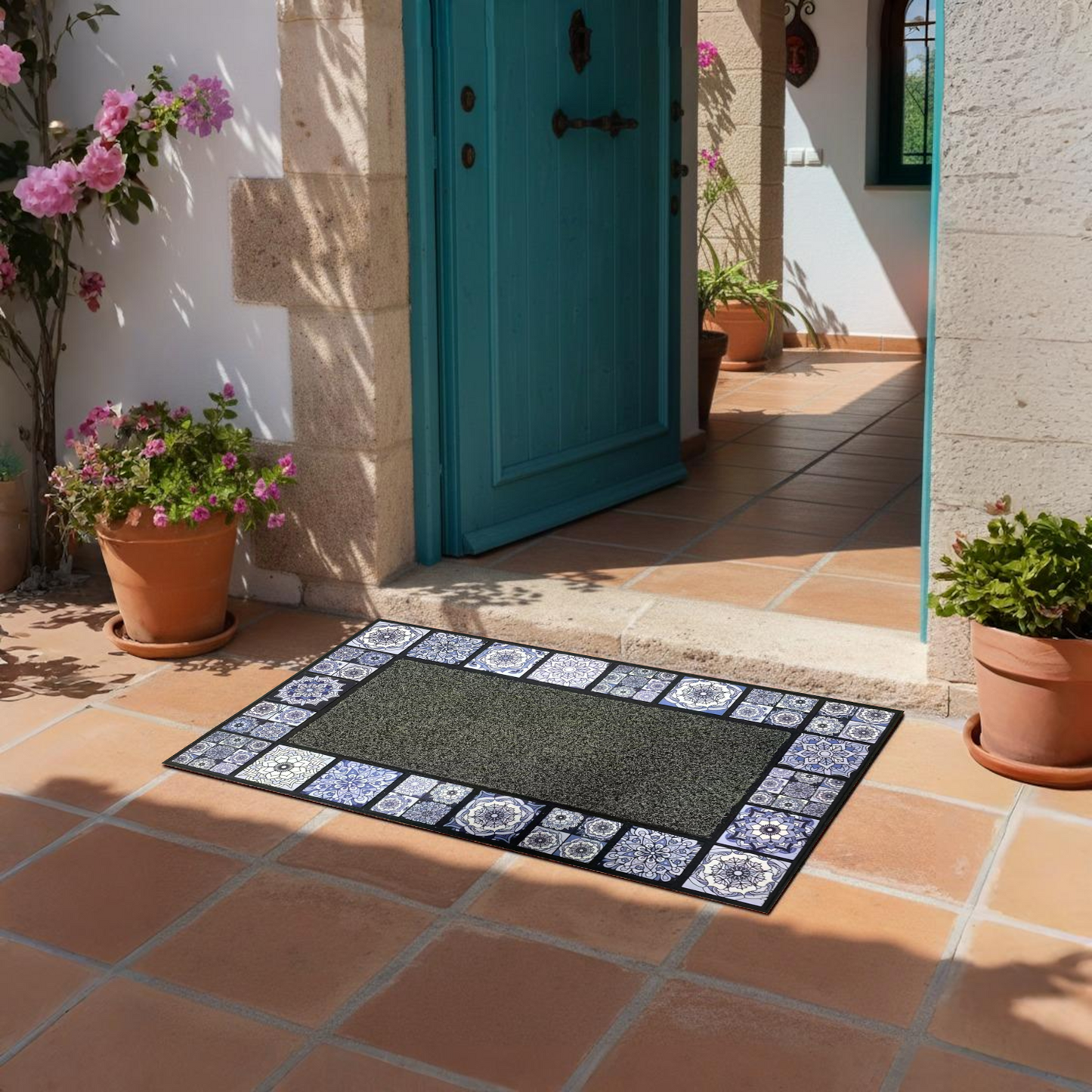 Home Universal® Felpudo de Goma Antideslizante para Exterior y interior – Resistente a Lluvia y Barro, Limpia Zapatos, Alta Durabilidad – Varias Medidas, 45X75CM, Azul (Diseño Mosaico Azulejo)