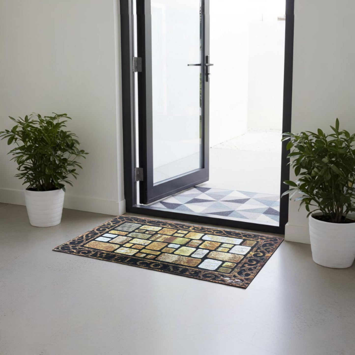 Home Universal® Felpudo de Goma Antideslizante para Exterior y interior – Resistente a Lluvia y Barro, Limpia Zapatos, Alta Durabilidad – Varias Medidas, 40X60CM, WELCOME (Mosaico Rústico con Marco)