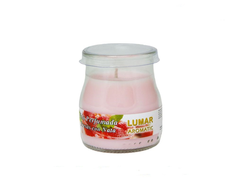 Home Universal® Pack de 3/6/12 Velas Aromáticas en Vaso de Cristal Reciclable LUMAR AROMATIC – 24h de Duración por Vela – Cera Vegetal Perfumada – 16 Fragancias Disponibles – Fabricadas en España – 7x6cm (Fresas con Nata)