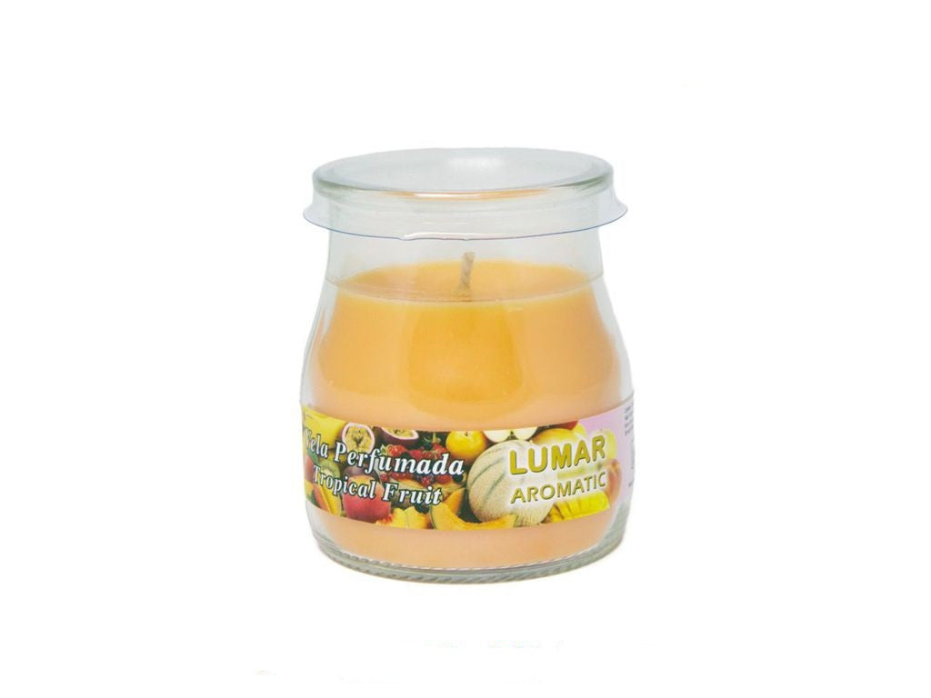 Home Universal® Pack de 3/6/12 Velas Aromáticas en Vaso de Cristal Reciclable LUMAR AROMATIC – 24h de Duración por Vela – Cera Vegetal Perfumada – 16 Fragancias Disponibles – Fabricadas en España – 7x6cm (Frutas Tropicales)