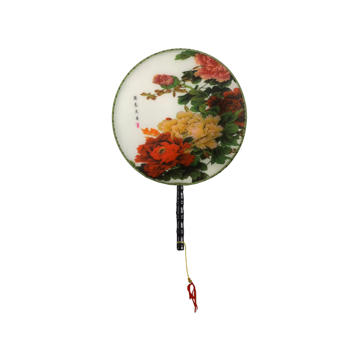 Home Universal® Abanico Redondo Chino - Imprimido de una Sola Cara – Abanico Clásico de Seda Translúcido y Sedoso con Patrón Floral y Mango de Madera – Estilo Oriental Antiguo Decorativo para Hogar o Regalo (Peonías Rojas Imperiales)