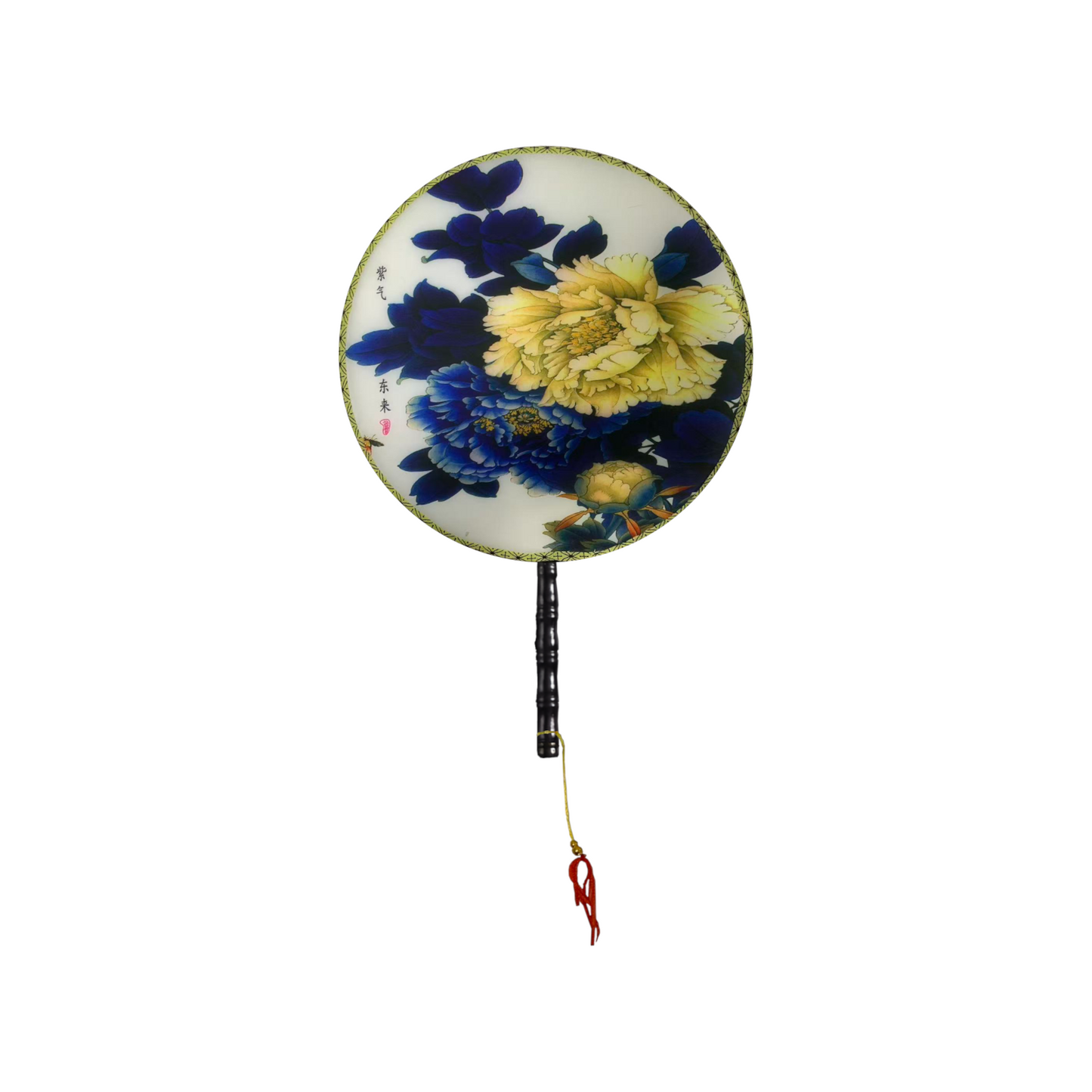 Home Universal® Abanico Redondo Chino - Imprimido de una Sola Cara – Abanico Clásico de Seda Translúcido y Sedoso con Patrón Floral y Mango de Madera – Estilo Oriental Antiguo Decorativo para Hogar o Regalo (Peonías Azul y Marfil)