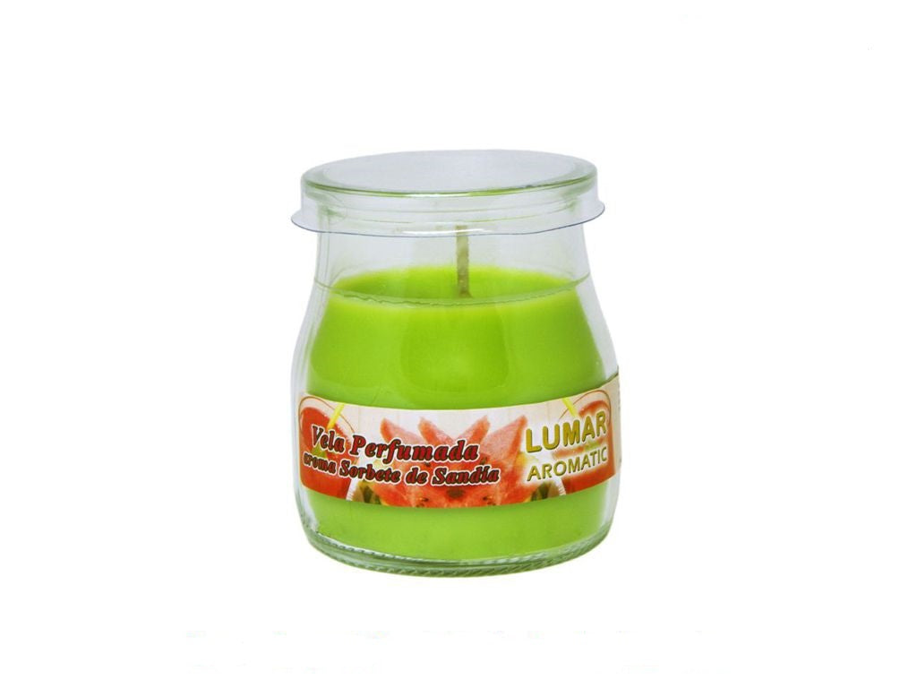 Home Universal® Pack de 3/6/12 Velas Aromáticas en Vaso de Cristal Reciclable LUMAR AROMATIC – 24h de Duración por Vela – Cera Vegetal Perfumada – 16 Fragancias Disponibles – Fabricadas en España – 7x6cm (Sorbete de Sandía)