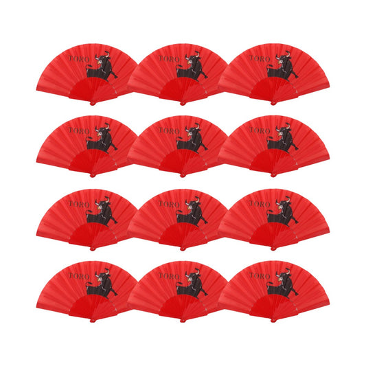 Home Universal® PACK de 12 abanicos de plástico estampado de 23 cm, en variedad de colores, ideales para fiestas, festivales, bodas y eventos temáticos (Toro Rojo)