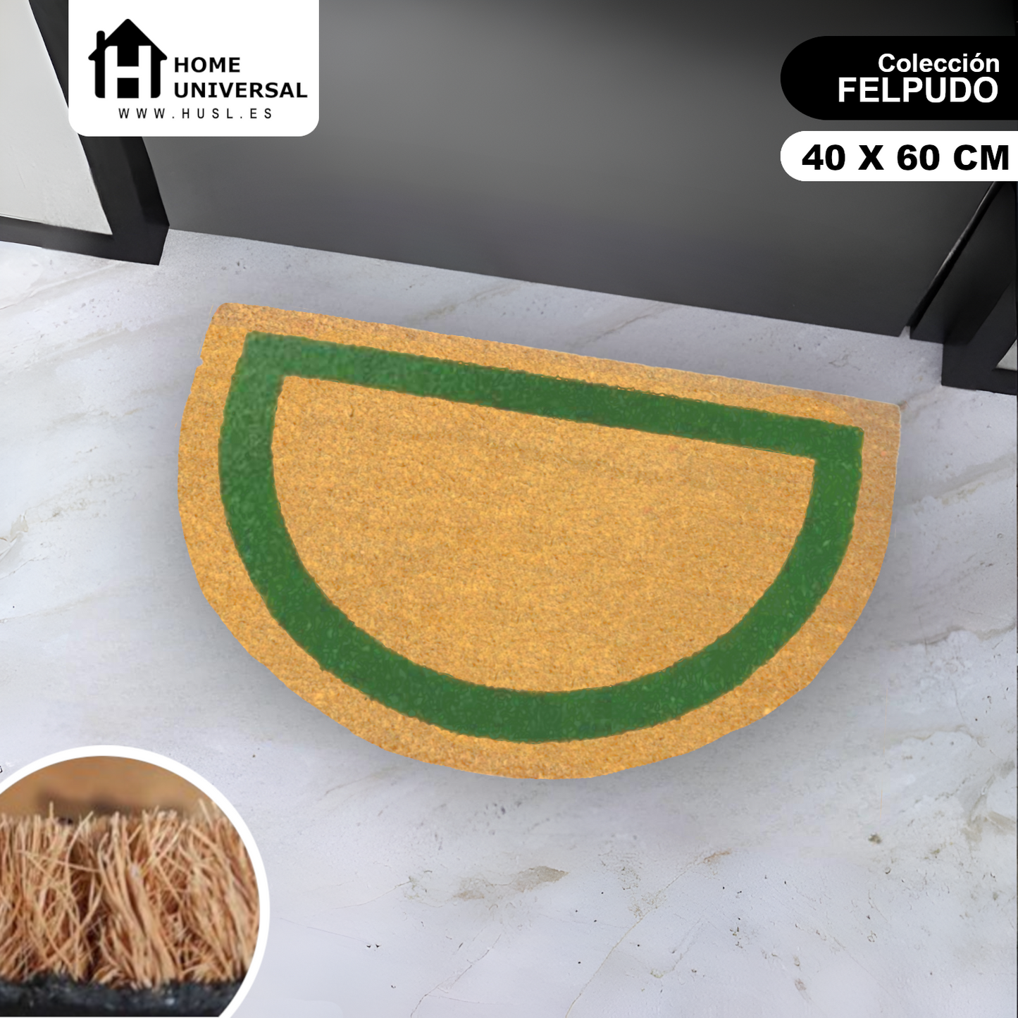 Home Universal ® Felpudos 60x40CM Fibra de Coco | Base Antideslizante de Caucho | Apto para el Exterior (Medio circulo) Verde