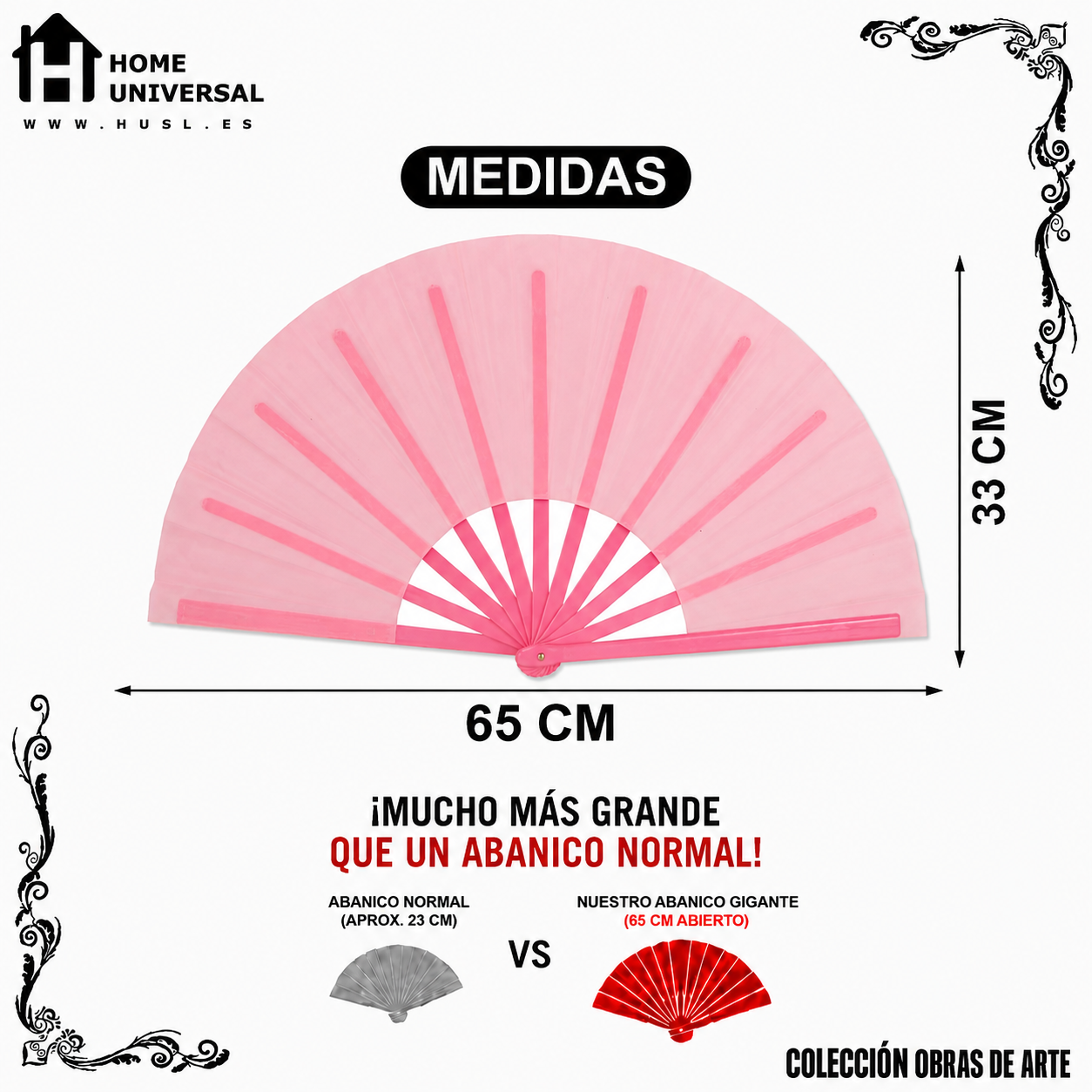 Home Universal® Abanico XXL 33 cm Grande de Plástico con Caja – Plegable, Ligero y Resistente – Efecto Fluorescente Brillante – Ideal para Verano, Fiesta, Discoteca, Pride y Eventos - Rosa Palo (Liso)