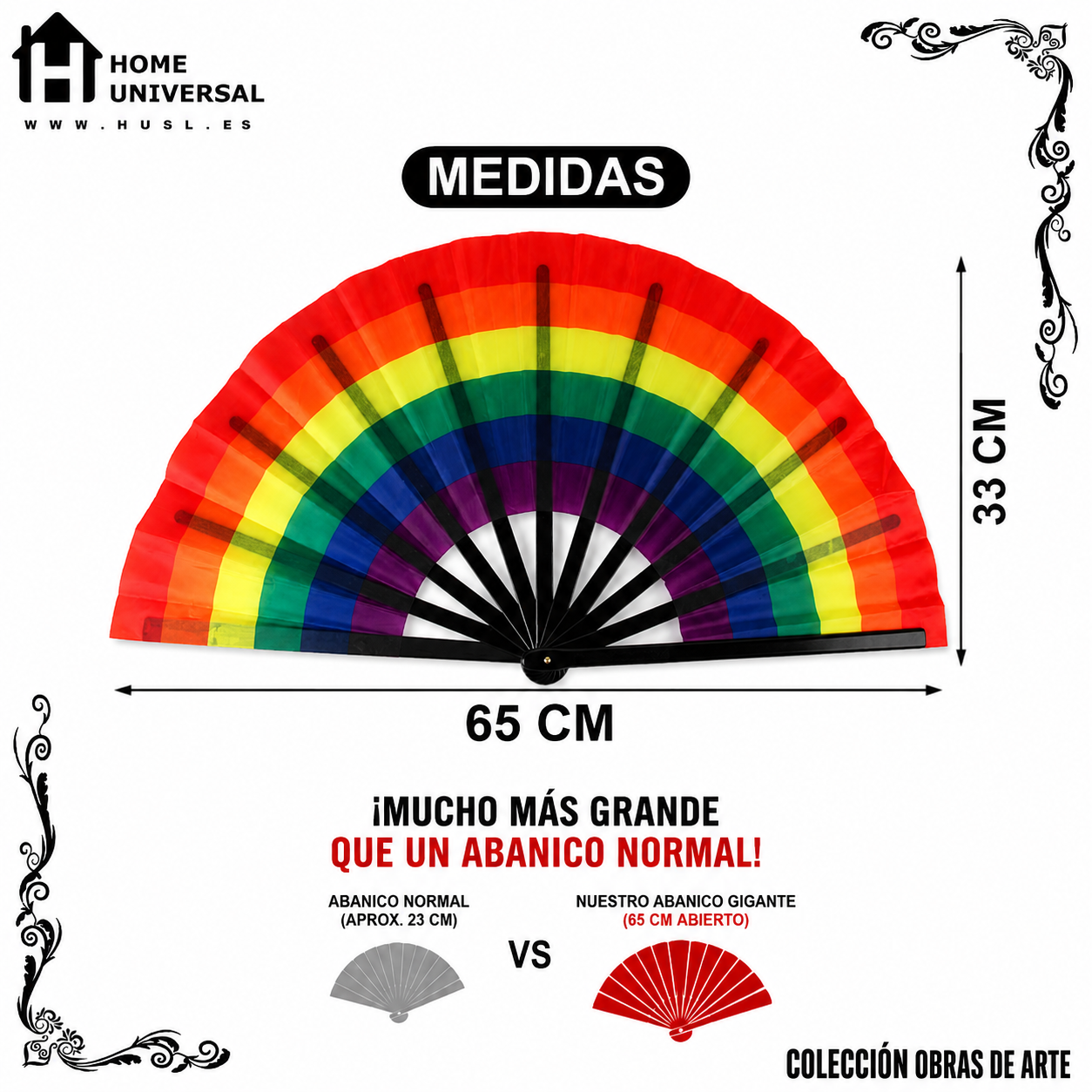 Home Universal® Abanico XXL 33 cm Grande de Plástico con Caja – Plegable, Ligero y Resistente – Efecto Fluorescente Brillante – Ideal para Verano, Fiesta, Discoteca, Pride y Eventos - ARCOIRIS_Noir (Estampado)