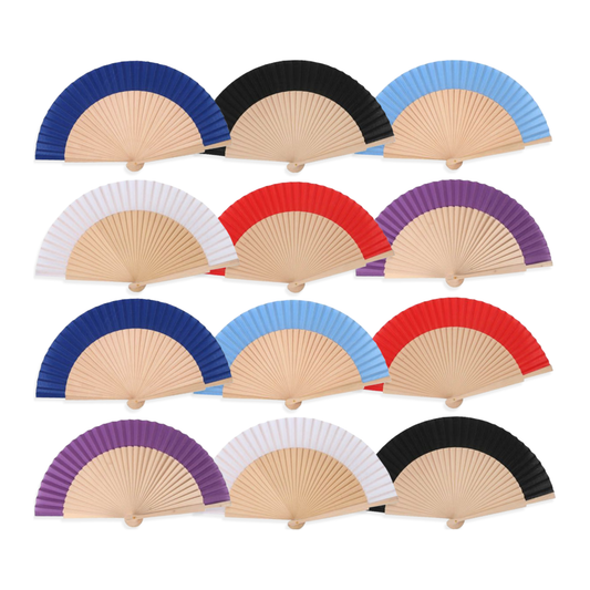 Home Universal ® Pack 12 Unidades Abanicos Madera con Tela Lisa 23cm, Detalles para los Invitados, Regalos de Boda, Fiestas, Comuniones y Otros Eventos (Madera Perforada Multicolor)