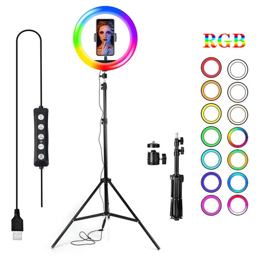 Anillo de Luz RGB LED 10", Aro de Luz Fotografia con Trípode, Soporte para Móvil y 360° Poste de Ajustable Selfie Vídeo Youtube