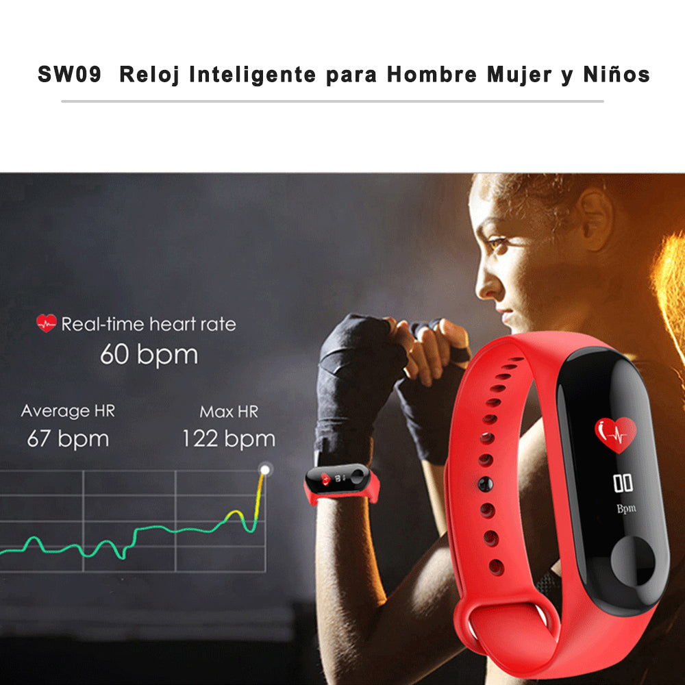 SW09  Reloj Inteligente para Hombre Mujer y Niños, Pulseras de Actividad con Notificaciones, Bluetooth, Botón Táctil