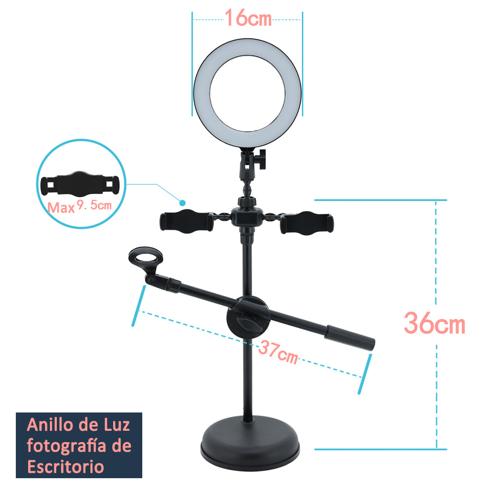 Anillo de Luz LED 16CM fotografia de Escritorio con soporte for teléfono y el pie for micrófono Mesa para Youtube Vlog Selfie