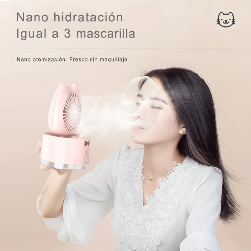 Humidificador Recargable con Ventilador, 2000mAh, con Tanque de Agua de 350 ml, 3 velocidades de viento, 7 Colores de Luz LED