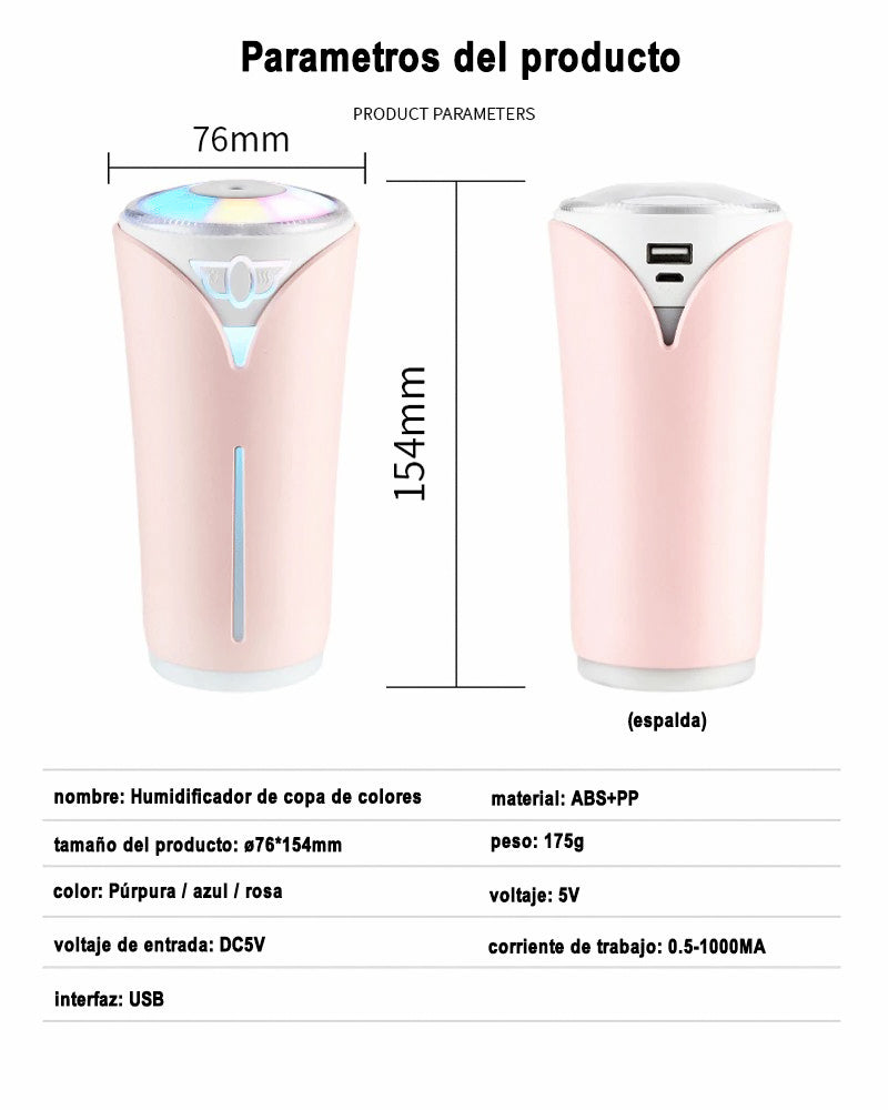 Humidificador Ultrasónico 280ml con Iluminación de Luz LED de 7 Colores, Humidificador de Aire Portátil de USB para Coche, Casa, Bebés