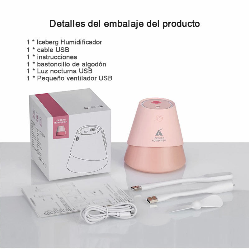 Mini Humidificador Iceberg de 230ml, con luz LED nocturna, humidificador ultrasónico creativo de niebla fría tres en uno