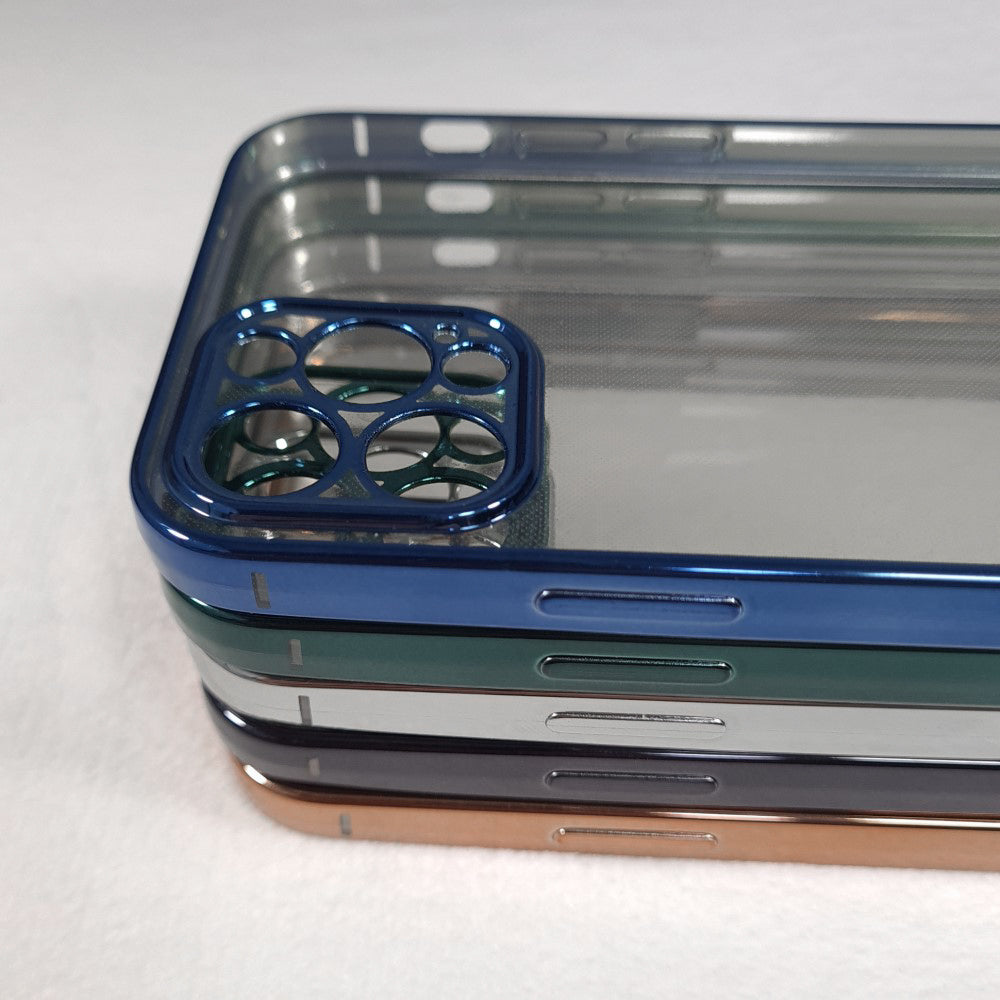 Funda semi-rígida de Plástico para iPhone, Funda transparente Dura con Borde de Color Brillo, Carcasa de Móvil para iPhone 12 Pro