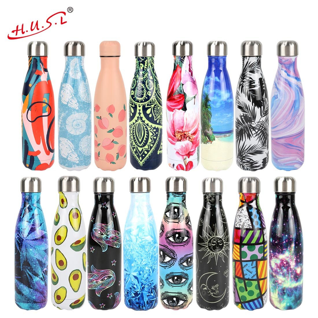 HUSL 500ML Botella Térmica, Botella de Agua Acero Inoxidable, Botella Agua Deporte Sin BPA, Cantimplora de Agua Reutilizable, Termo Agua 12 horas caliente,24 frio, para Viaje, Deporte, Eco-friendly(parte.1)