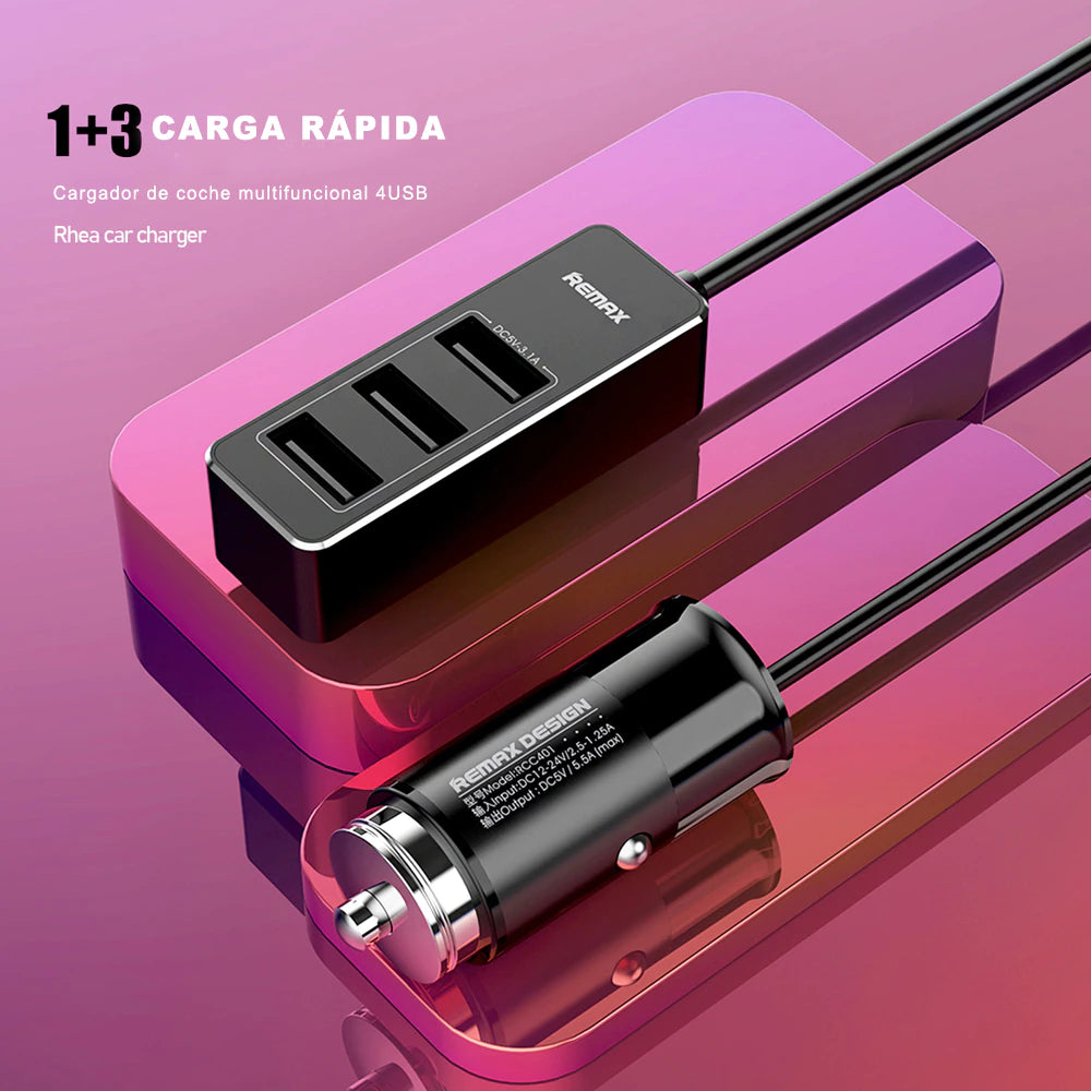 REMAX RCC401 Cargador de Coche 1+ 3 Puertos de USB,DC12-24V,2.4A+3.1A, Cable de 1.5m,Cargador Mechero para Móvil y Tablet