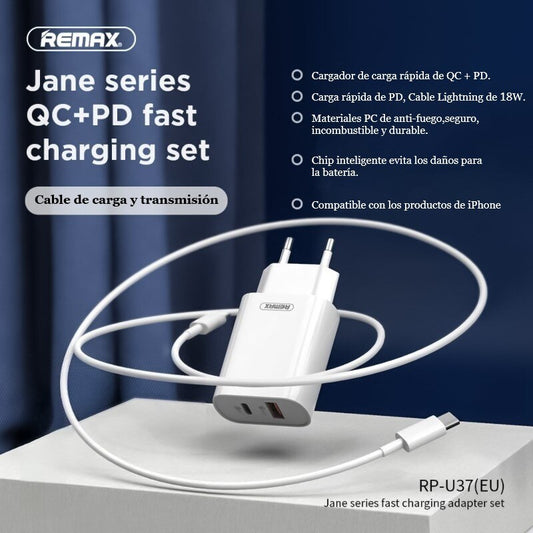 REMAX RP-U37 Cargador de Carga Ultra Rápida con Puerto Tipo-C de 18w +USB 3A,con Un Cable de Tipo-C a iPhone de 18W Incluido