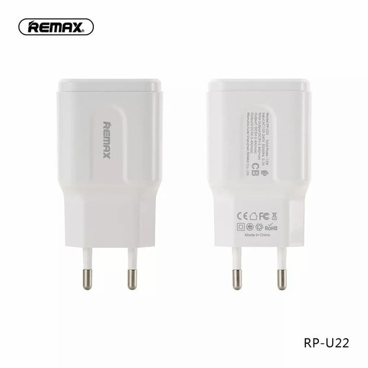 REMAX RP-U22 Cargador de Móvil con 2 Puertos de USB, Compatible con Apple o Android, 2.4A(MAX), No Cable-Color Blanco