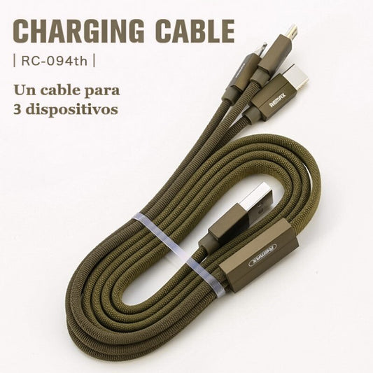 REMAX RC-094th Cable 3 en 1 de USB a Lightning, Micro USB y Tipo-C, Cable Para Cargar Teléfono Móvil, 2.4A,100cm