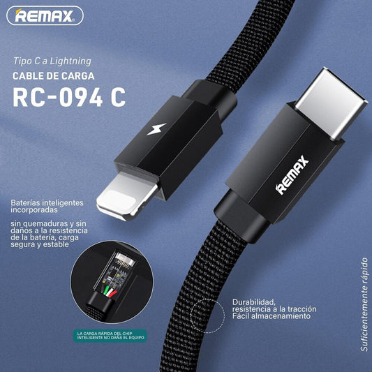 REMAX RC-094c Cable Resistente 2.4A de Tipo-C a Lightning(iPhone),Cable para Cargar Teléfono Móvil o Pasar Datos,100cm / 200cm