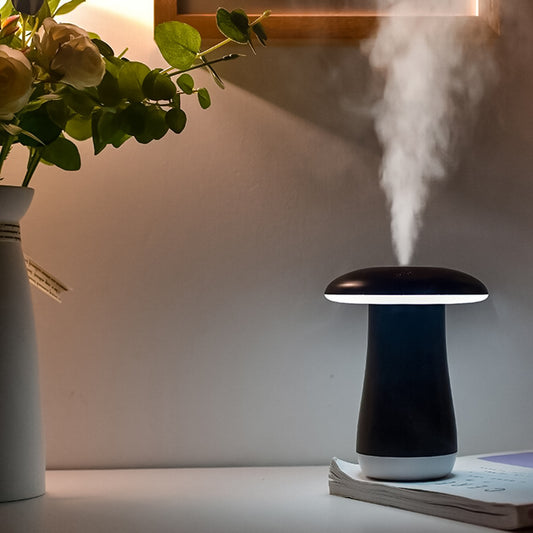 Humidificador de hongo 180ML con mini lámpara y mini ventilador, humidificador ultrasónico portátil con LED de niebla fría de USB