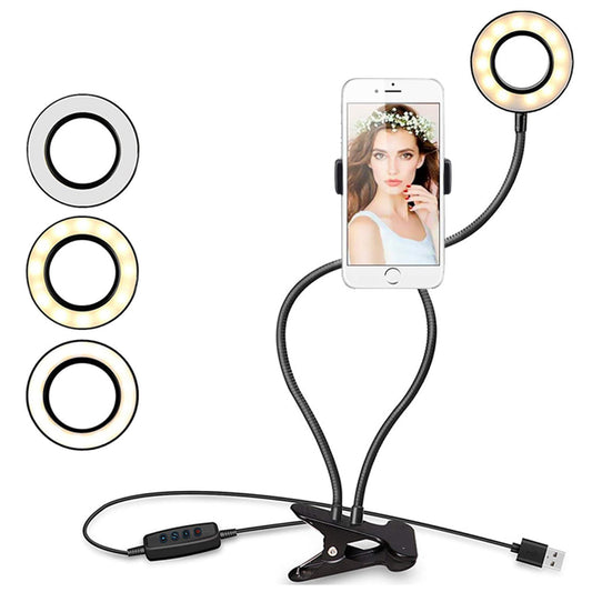 Anillo de Luz Selfie, 360° Abrazadera Selfie Anillo Luz con Soporte,2 en 1 Luz para Transmisión en Vivo Maquillaje Toma de Fotos