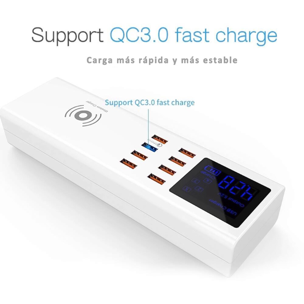 DG-F12Q Regleta Enchufe con Cargador Inalámbrico de 10W y 8 Puertos USB, Regleta USB con Carga Rápida QC3.0,con Pantalla Led,40W(Max)