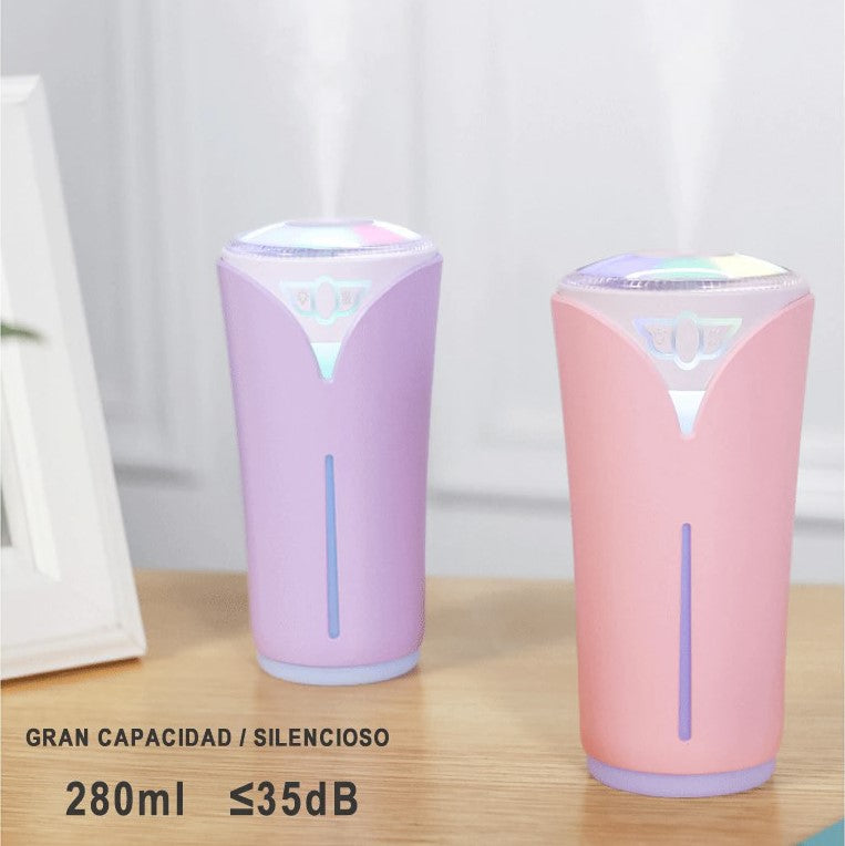 Humidificador Ultrasónico 280ml con Iluminación de Luz LED de 7 Colores, Humidificador de Aire Portátil de USB para Coche, Casa, Bebés