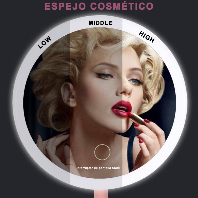 Espejo De Maquillaje Con Luz LED, Espejo Redondo, Con Sensor Táctil, Potencia Ajustable, Recargable Con Cargador