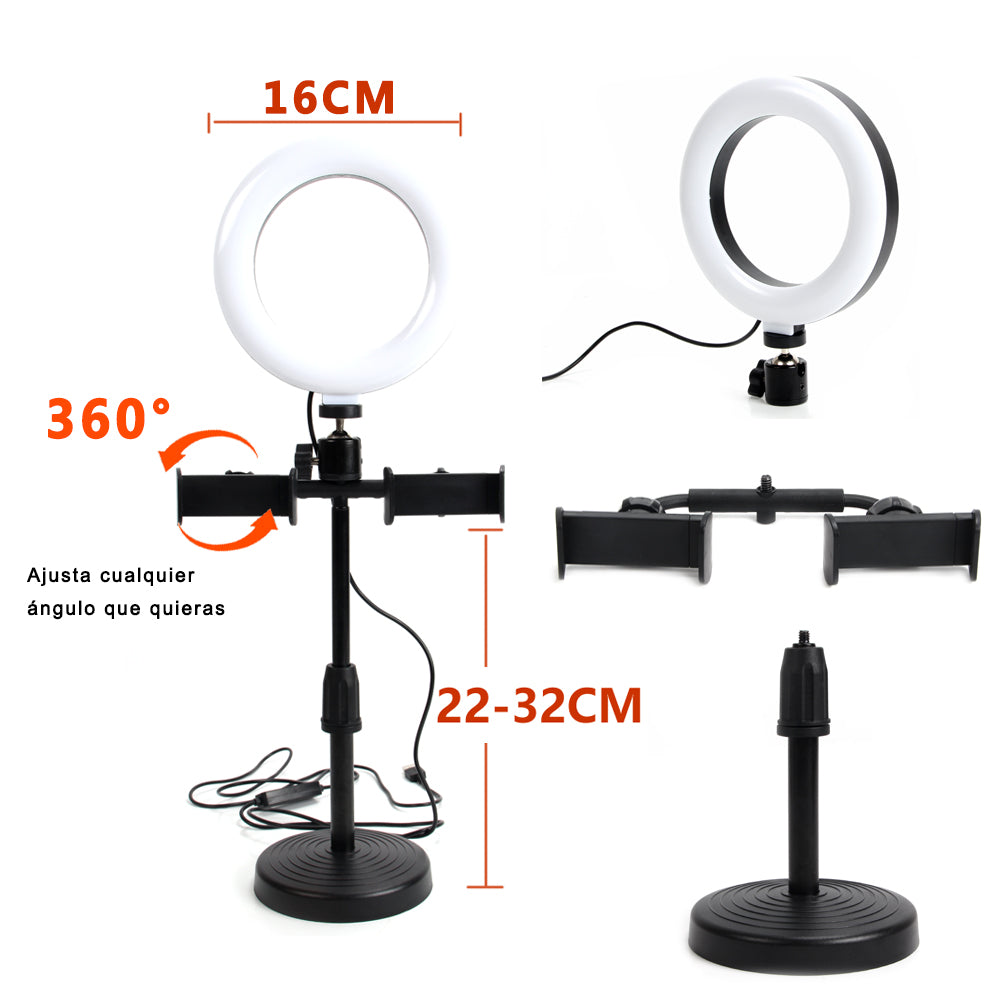 Anillo de Luz LED 6"/16CM fotografia de Escritorio y Soporte para Teléfono,  3 Modos de Luz,soporte para Selfie, Maquillaje, Youtube