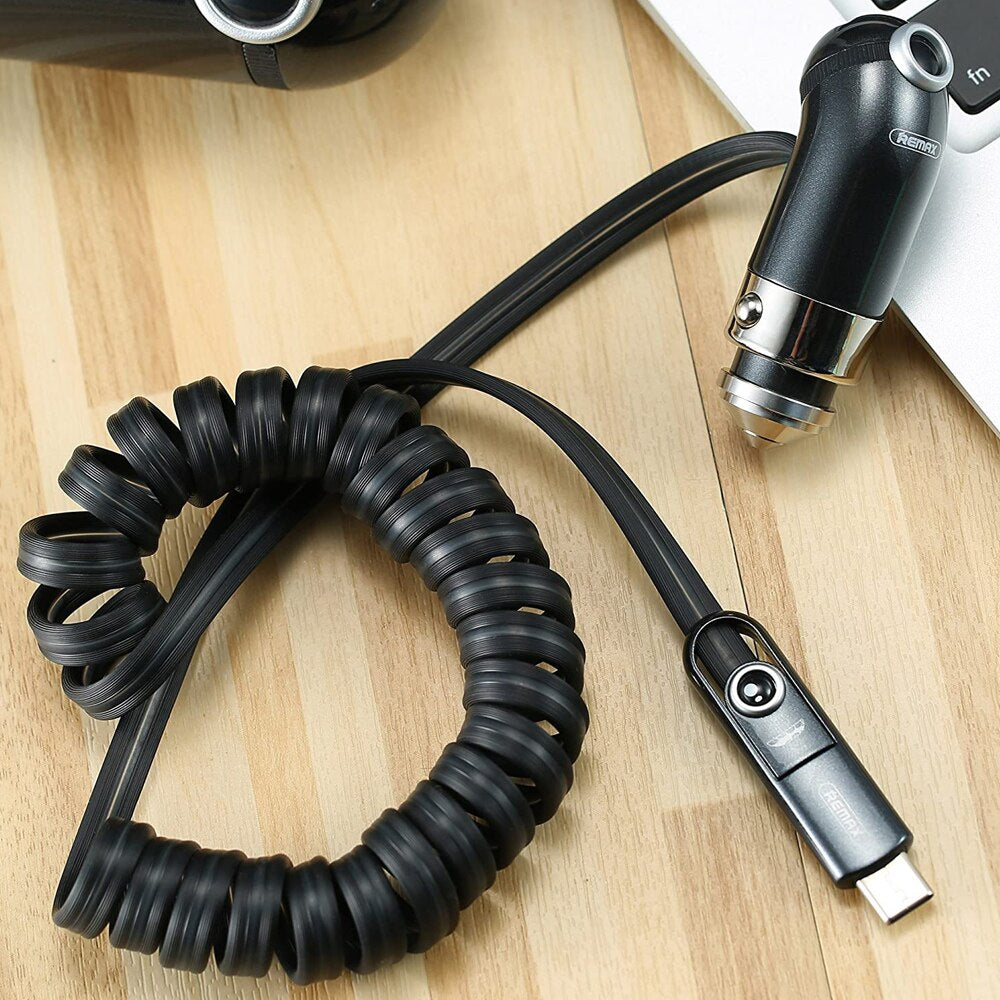 REMAX RCC 211 Cargador de Coche 3 en 1,DC12-24V, Cargador Mechero con Cable de Lightning y Adaptador de Tipo-C,5V-2.4A