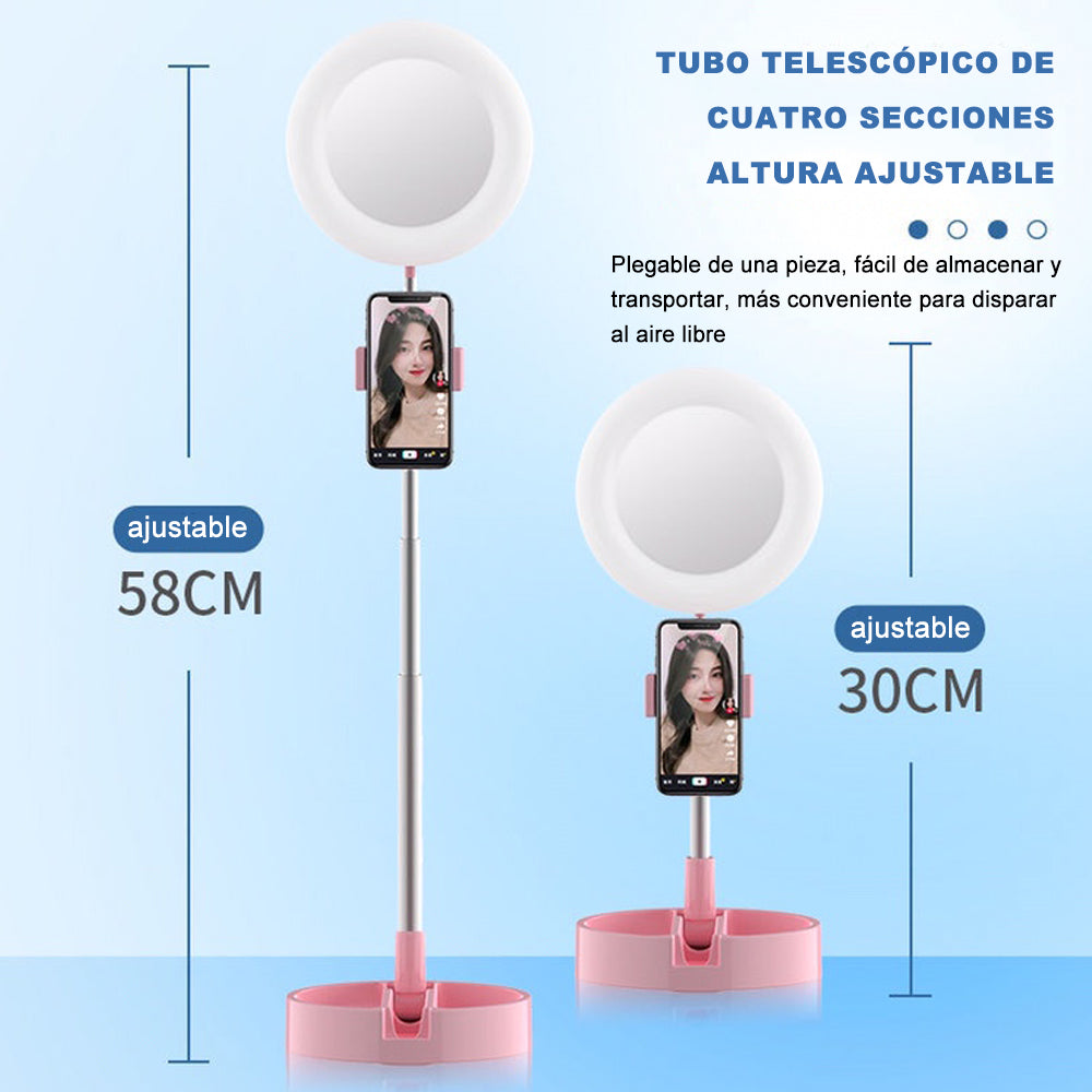 Anillo de Luz Retráctil 16CM con espejo de Maquillaje y Soporte para Movil, para Youtube TikTok/Transmisión en Vivo/Maquillaje