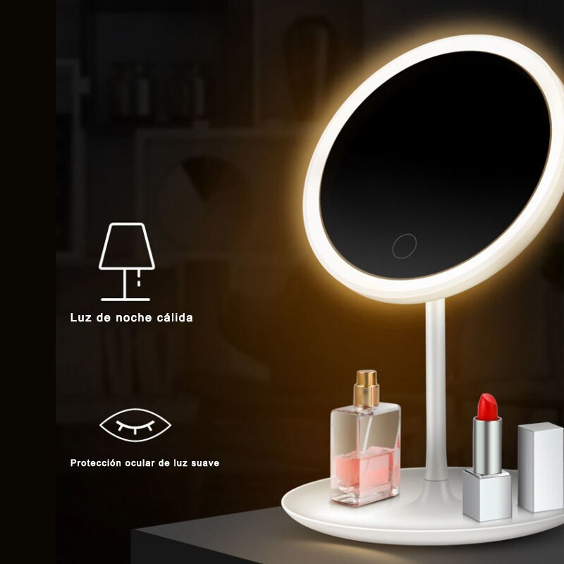 Espejo De Maquillaje Con Luz LED, Espejo Redondo, Con Sensor Táctil, Potencia Ajustable, Recargable Con Cargador