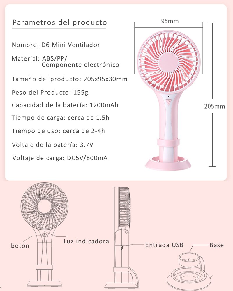 Mini Ventilador Portátil con USB Batería Recargable 3 Velocidades Ajustables para Dormitorio, Oficina, Viajes