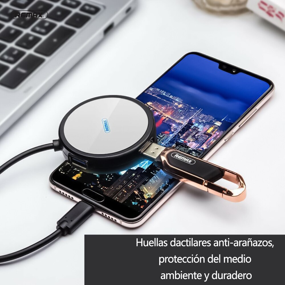 REMAX RU-U20 USB Tipo-C de 4 Puertos de USB con Espejo y Luz LED Multicolor, Divisor USB de Alta Velocidad para Móvil de Tipo-C, Portátil, MacBook Conectar con Disco Duro Externo, Pen Drive, Ratón, Teclado, Móvil, Cámaras