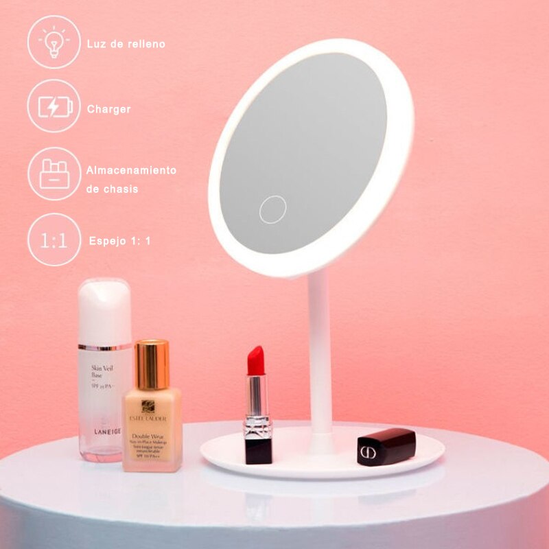 Espejo De Maquillaje Con Luz LED, Espejo Redondo, Con Sensor Táctil, Potencia Ajustable, Recargable Con Cargador
