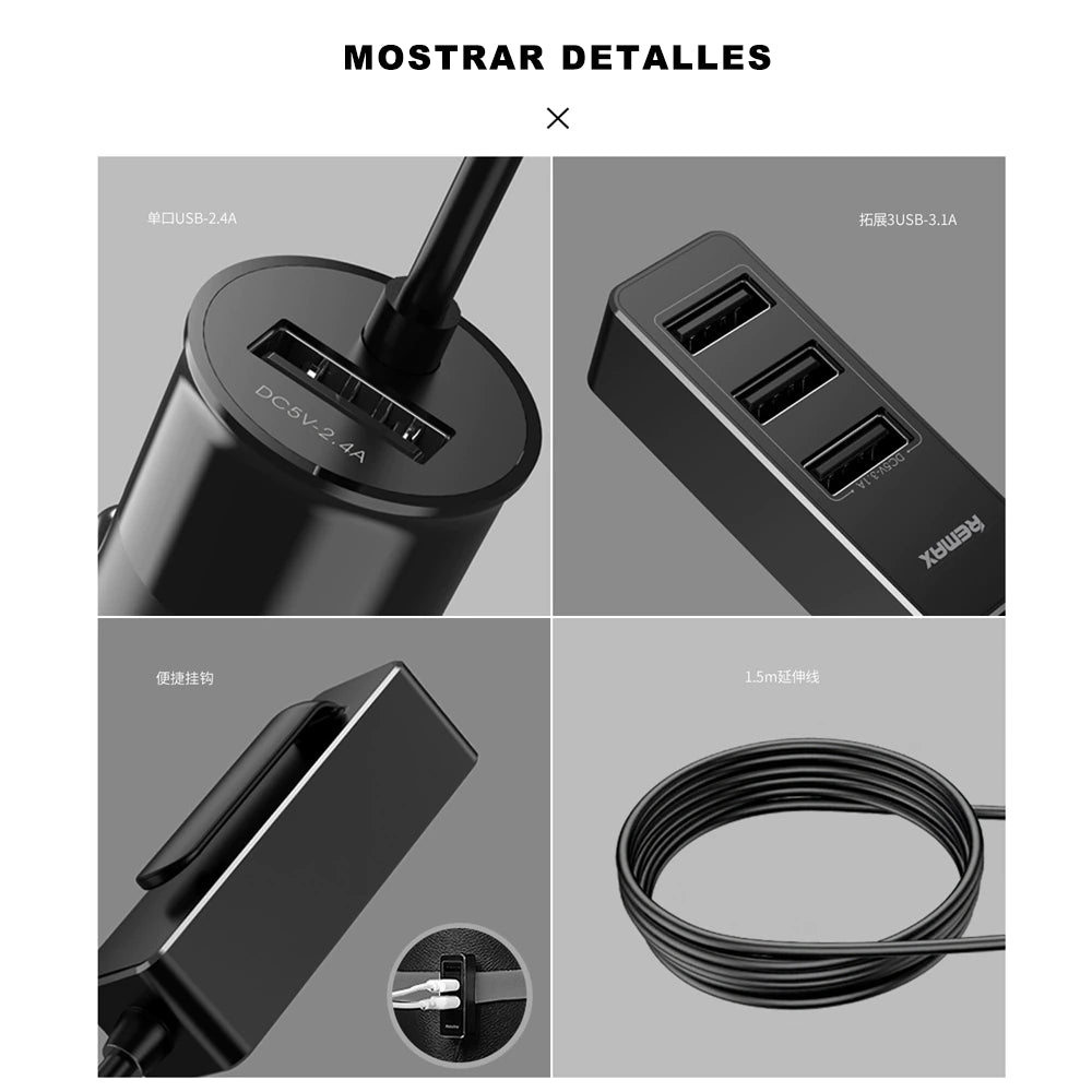 REMAX RCC401 Cargador de Coche 1+ 3 Puertos de USB,DC12-24V,2.4A+3.1A, Cable de 1.5m,Cargador Mechero para Móvil y Tablet