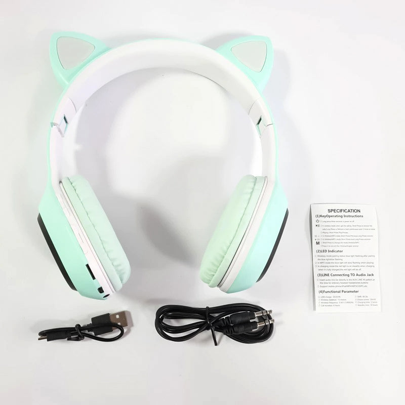 Auricular Con Orejas De Gato P58M, Bluetooth 5.0,Casco Con Luces LED, Con Micrófono Para Mano Libre, Puerto Para Tarjeta SD